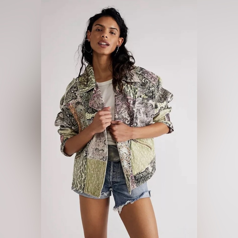 Free People Nadia Moto Jacket Pierced Mix Print Paisley Sage Pink Black …